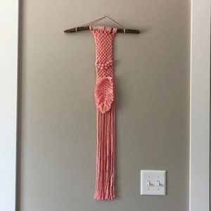 Pink Yarn Macrame Wall Hanging with a Feather, Boho Home Decor